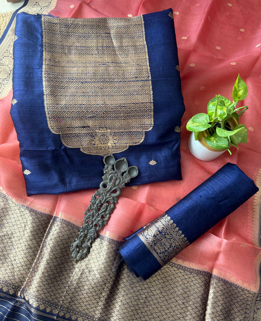 Deep royal navy blue raw silk certified handloom banarsi kadwa butti with woven zari three piece suit