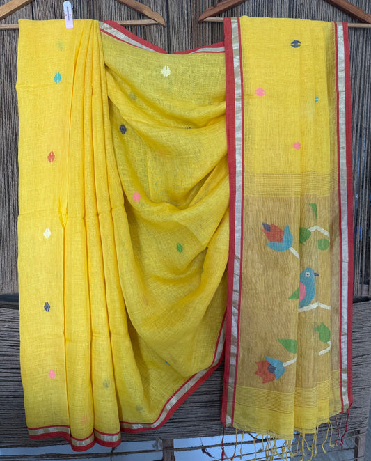 Golden yellow handwoven pure linen silk jamdani sari with zari pallu