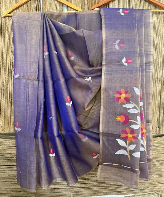 Gray blue dual shade jamdani handwoven pure muslin silk sari