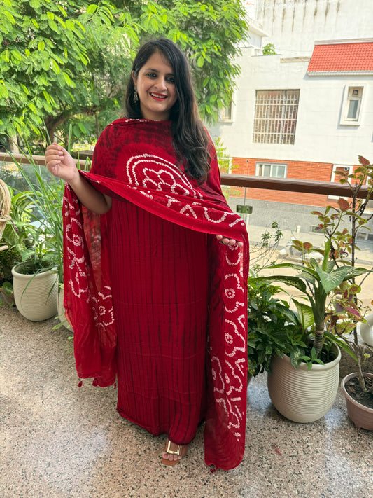 Red & black modal silk shibori kurta with bandhani shibori handcrafted modal silk dupatta sbs-7
