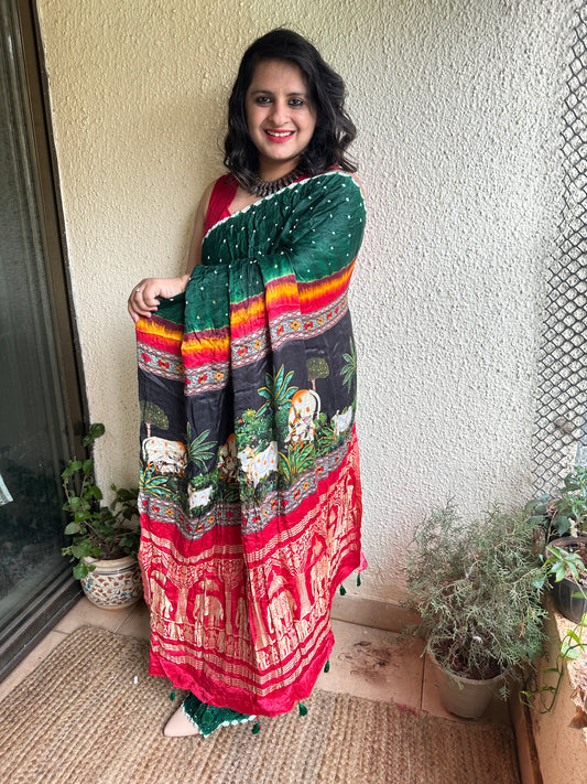 Bottle green modal silk bandhani sari with pichwai print bps 19