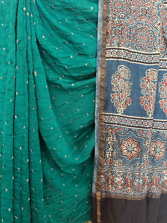 Teal blue chanderi silk bandhani handcrafted ajrakh sari