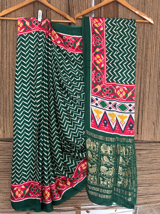 Bottle green patola modal silk patola print sari with zari border pms-10150