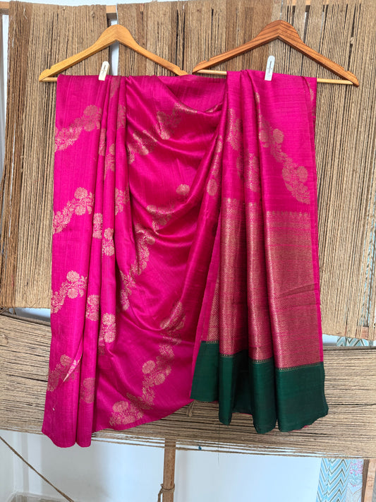 Shocking pink raw silk certified handloom banarsi sari with woven zari