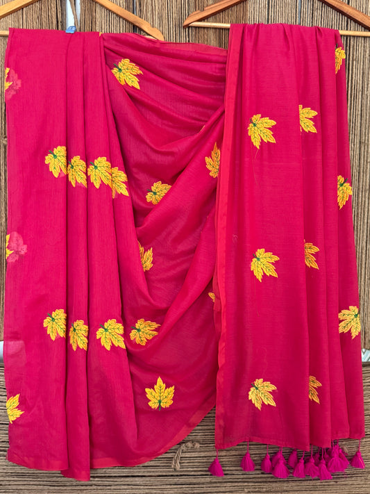Carnation pink mull embroidery handloom sari with tassels