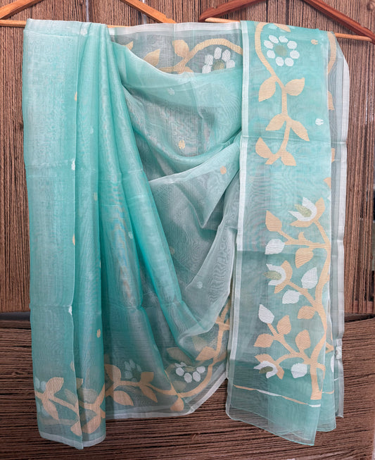 Sea green jamdani handwoven pure muslin silk sari