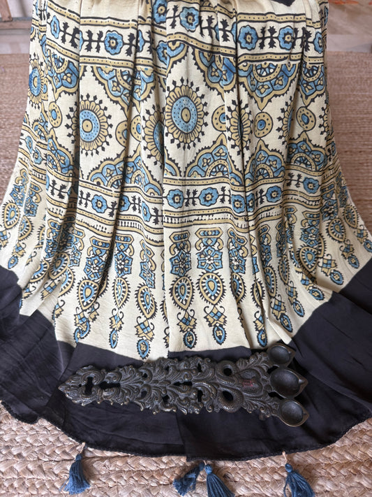 Beige golden ajrakh modal silk handcrafted stole