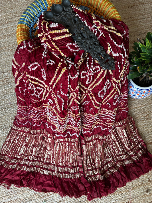 Maroon small bandhani dupatta in gharchola design with nakshi border