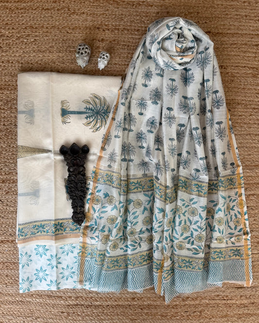 White & blue chanderi handblock suit set