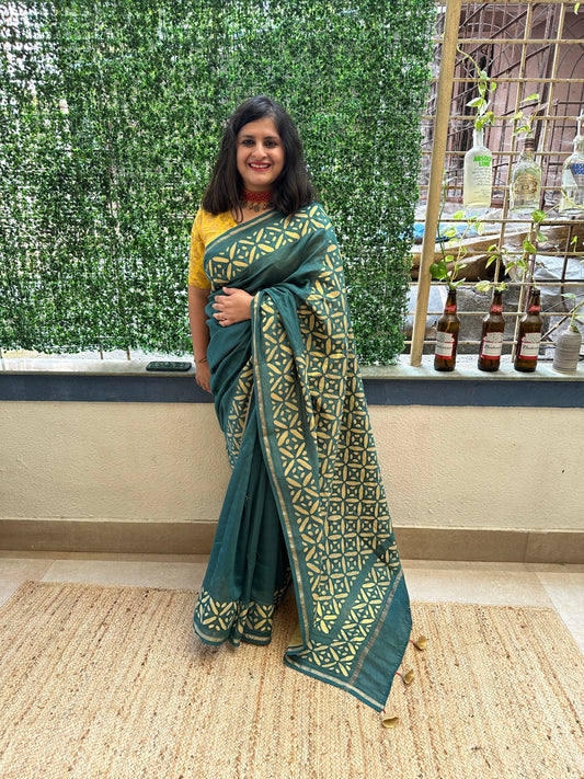 Teal blue chanderi silk handcrafted applique sari
