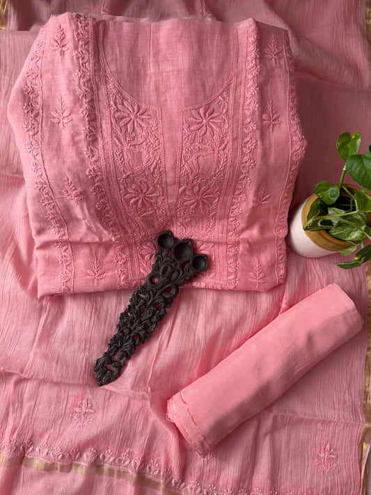 Salmon pink premium chanderi cotton lucknowi chickenkari hand embroidery three piece suit