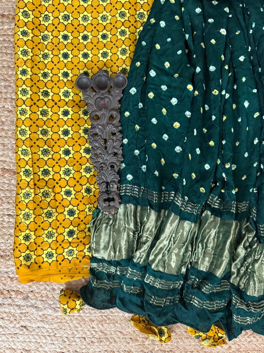 Yellow & bottle green ajrakh mashru silk kurta with bandhani handcrafted modal silk dupatta