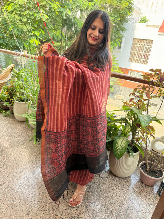 Maroon ajrakh linen silk handblock suit set