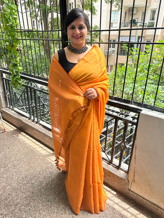 SANDALWOOD YELLOW GOLD TISSUE LINEN ZARI SARI WITH WOVEN RED BORDER TL-7