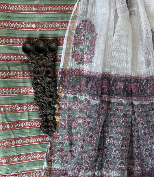 Light green jaipuri handblock kurta with kota dupatta set