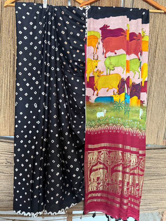 Black & maroon modal silk bandhani sari with pichwai print bps 48
