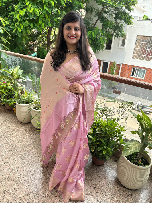 Pastel pink banarasi dupion silk certified zari woven sari
