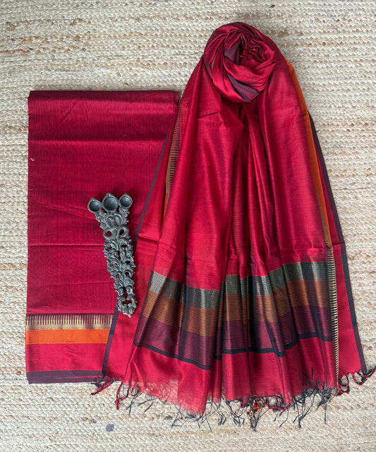 Wine Red maheshari border silk handloom kurta set
