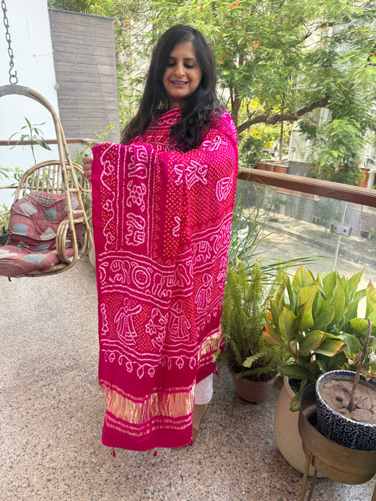 Hot pink handwoven handcrafted gajji silk chandmukhi dupatta