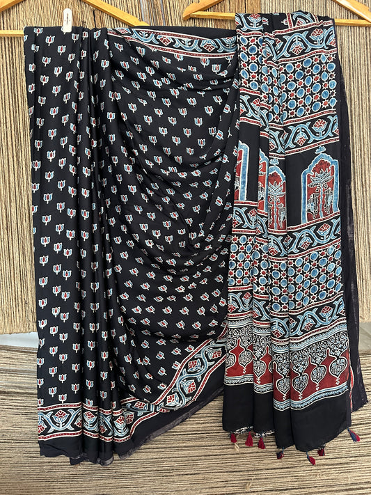 Black lotus ajrakh modal silk sari with border