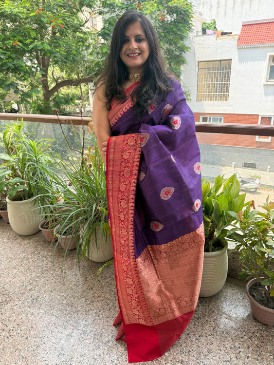 Indigo purple tussar silk certified handloom banarsi sari with woven zari