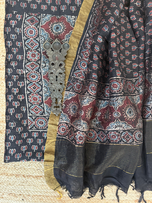 Noor ajrakh butta linen silk handblock suit set