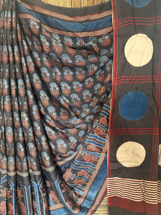 Black ajrakh modal silk sari