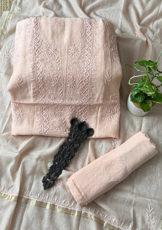 Peachy pink embroidery premium mull chanderi lucknowi chickenkari with moti work hand embroidery three piece suit
