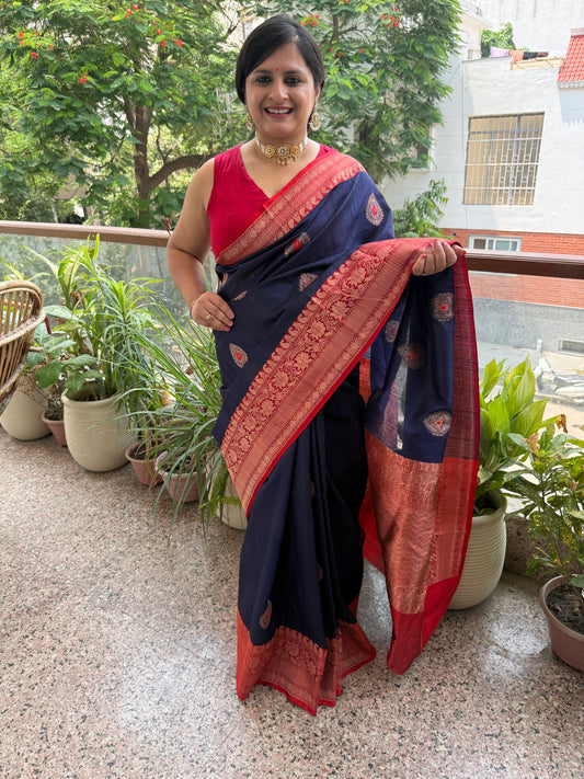 Night blue tussar silk certified handloom banarsi sari with woven zari