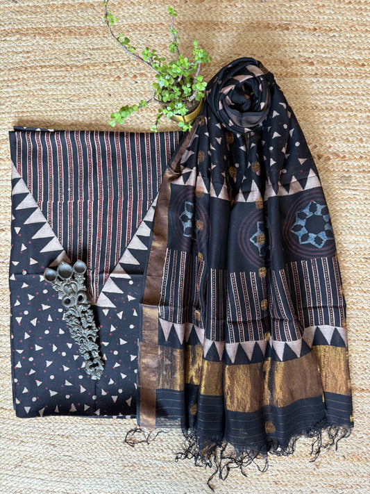 Black ajrakh contemporary chanderi silk handblock kurta set with coin butta dupatta cbs-33
