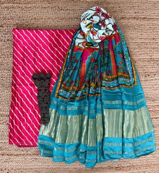 Pink leheriya mashru silk kurta with patola pichwai handcrafted modalsilk dupatta