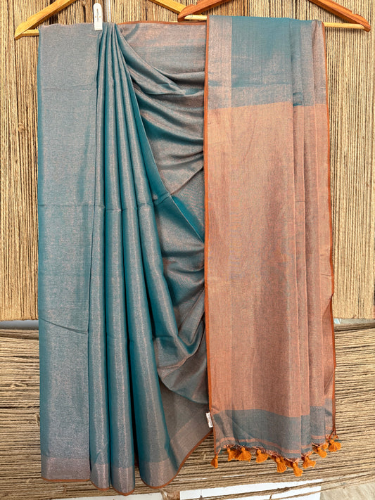 PINE GREEN COPPER TISSUE LINEN ZARI SARI WITH WOVEN ZARI PALLU TL-51