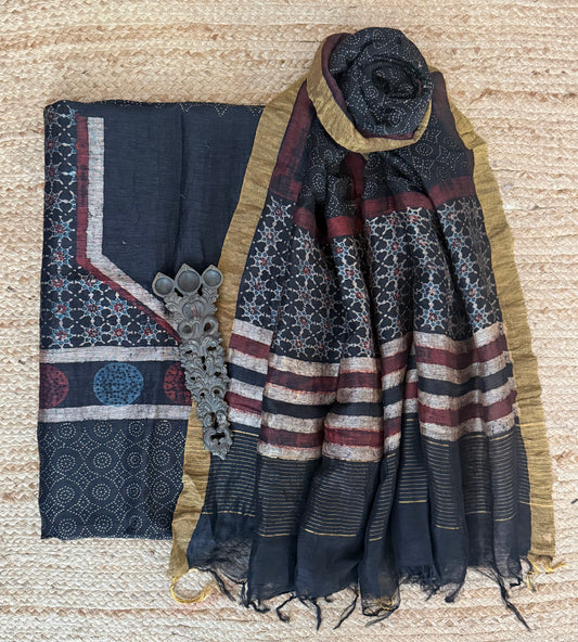 Neel shyam ajrakh linen silk handblock suit set
