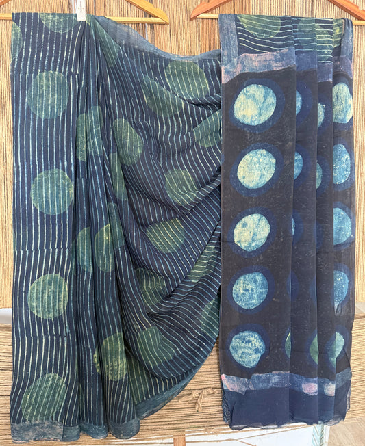 Navy Blue Georgette doria handblock sari