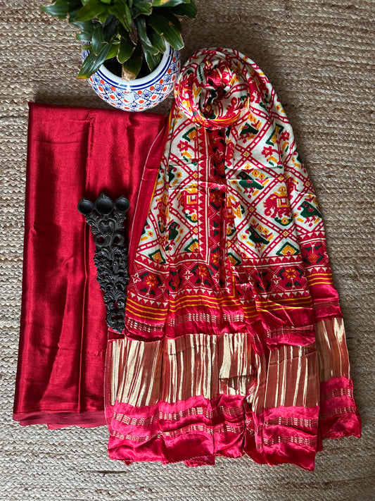 Red solid mashru silk kurta with patola handcrafted modal silk dupatta ps-39 ok