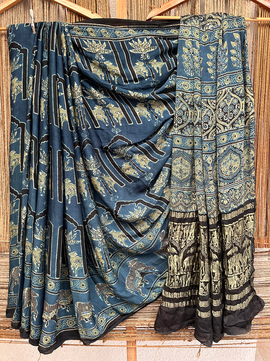 Indigo modal silk ajrakh zari border sari