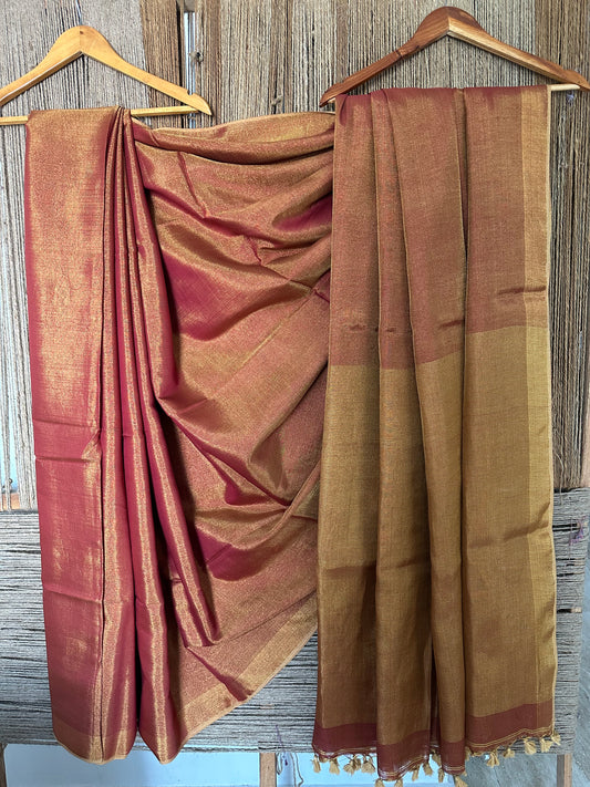 MAROON GOLD TISSUE LINEN ZARI SARI WITH WOVEN RED BORDER TL-5