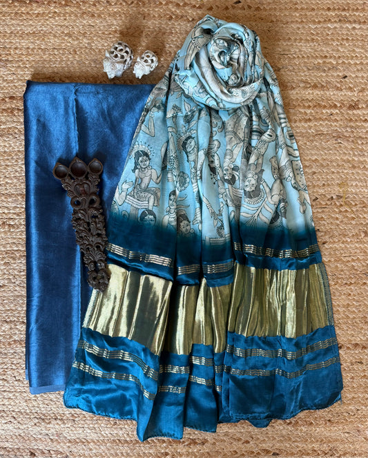 Blue solid mashru silk kurta with patola pichwai handcrafted modalsilk dupatta ps-276