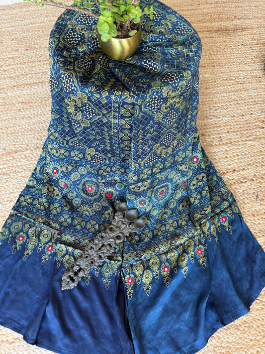 Indigo blue ajrakh modal silk stole with hand embroidery mirror work