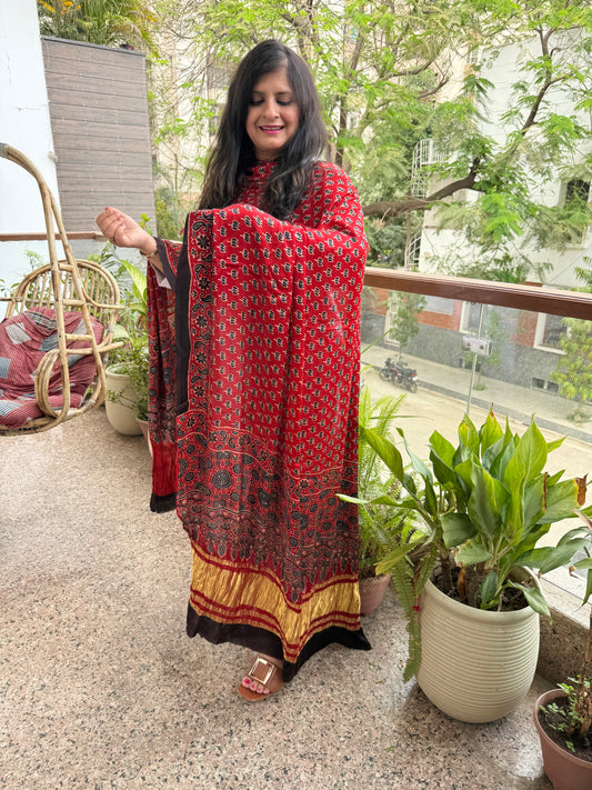 Maroon ajrakh silk zari woven dupatta