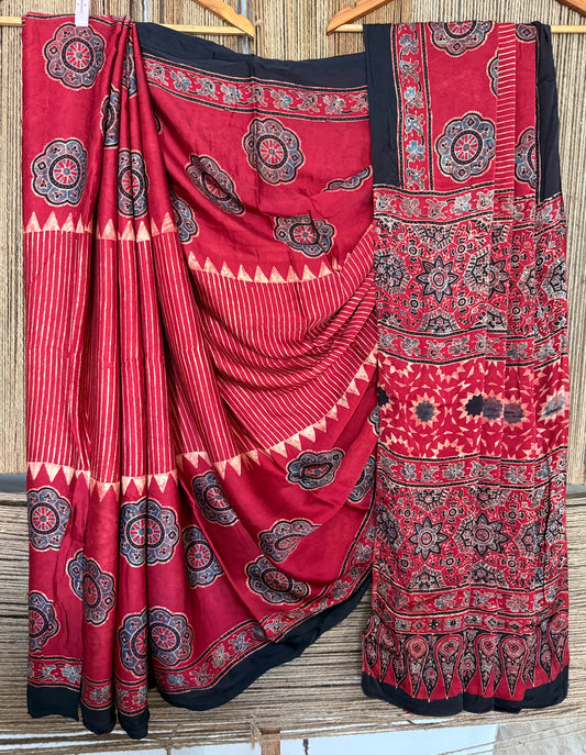 Maroon ajrakh handcrafted modal silk sari