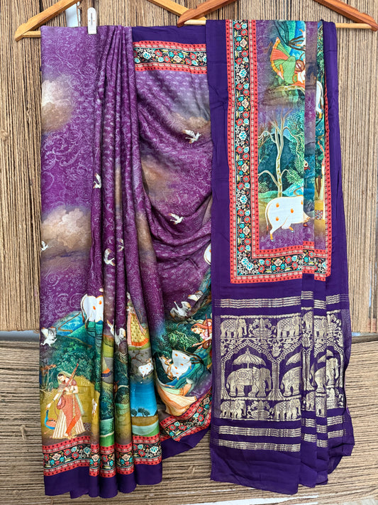 Purple pichwai modal silk patola print sari with zari border pms- 1047
