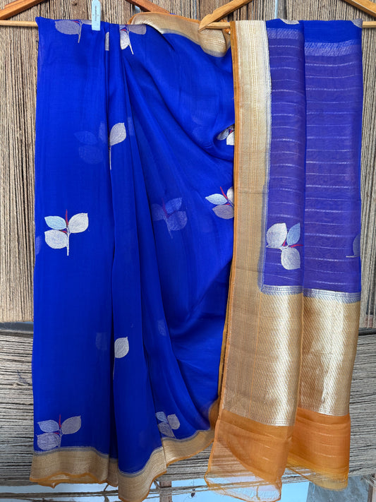 Royal blue kora silk certified handloom banarsi kadwa booti sari