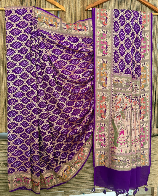 Ultra violet purple handwoven rai bareek bandhani saree meenakari jaal with khaddi georgette