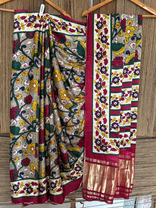 Gray patola modal silk kalamkari print sari with zari border pms-10148