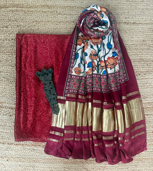 Maroon mashru silk kurta with patola handcrafted modal silk dupatta ps-107
