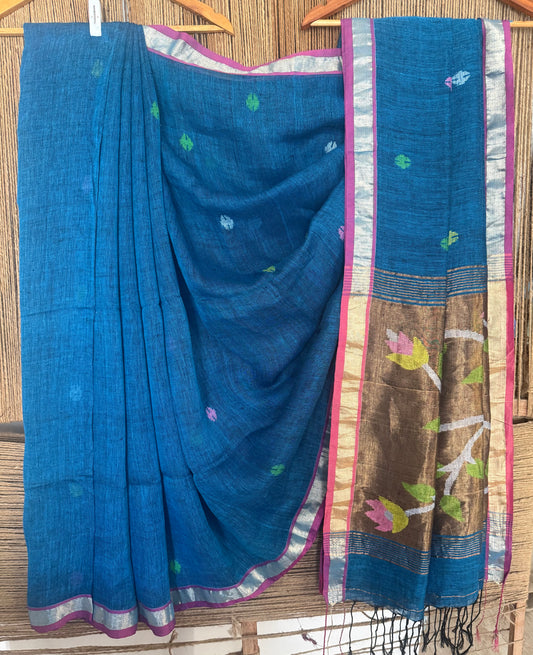 Denim blue handwoven pure linen silk jamdani sari with zari pallu