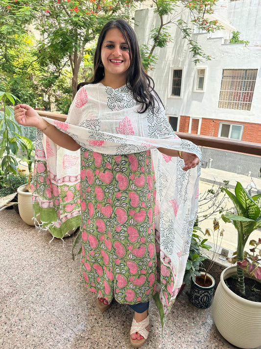 GREEN PINK LINEN COTTON HANDBLOCK SUIT SET