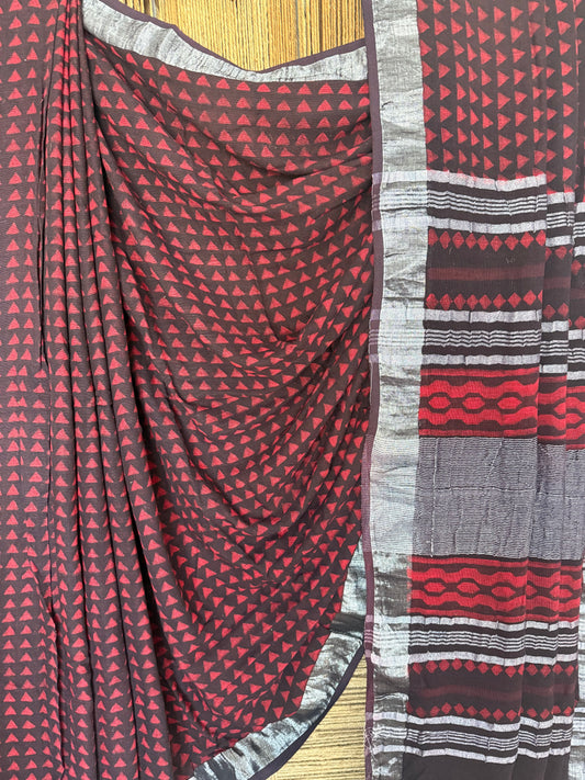Maroon akola linen zari woven handblock sari