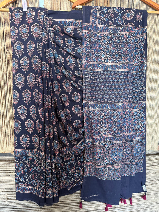Black mull cotton ajrakh hand crafted sari
